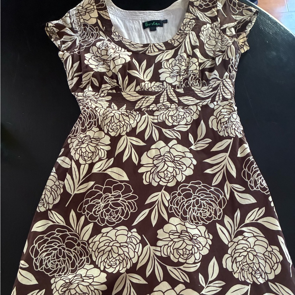 Brown & Cream Floral Empire Waist Dress by Boden, Hits below knee, Size 12R